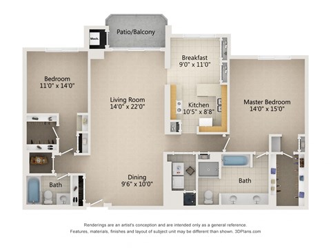 Floor plan for 2 beds, 2 baths, 1725 sqft